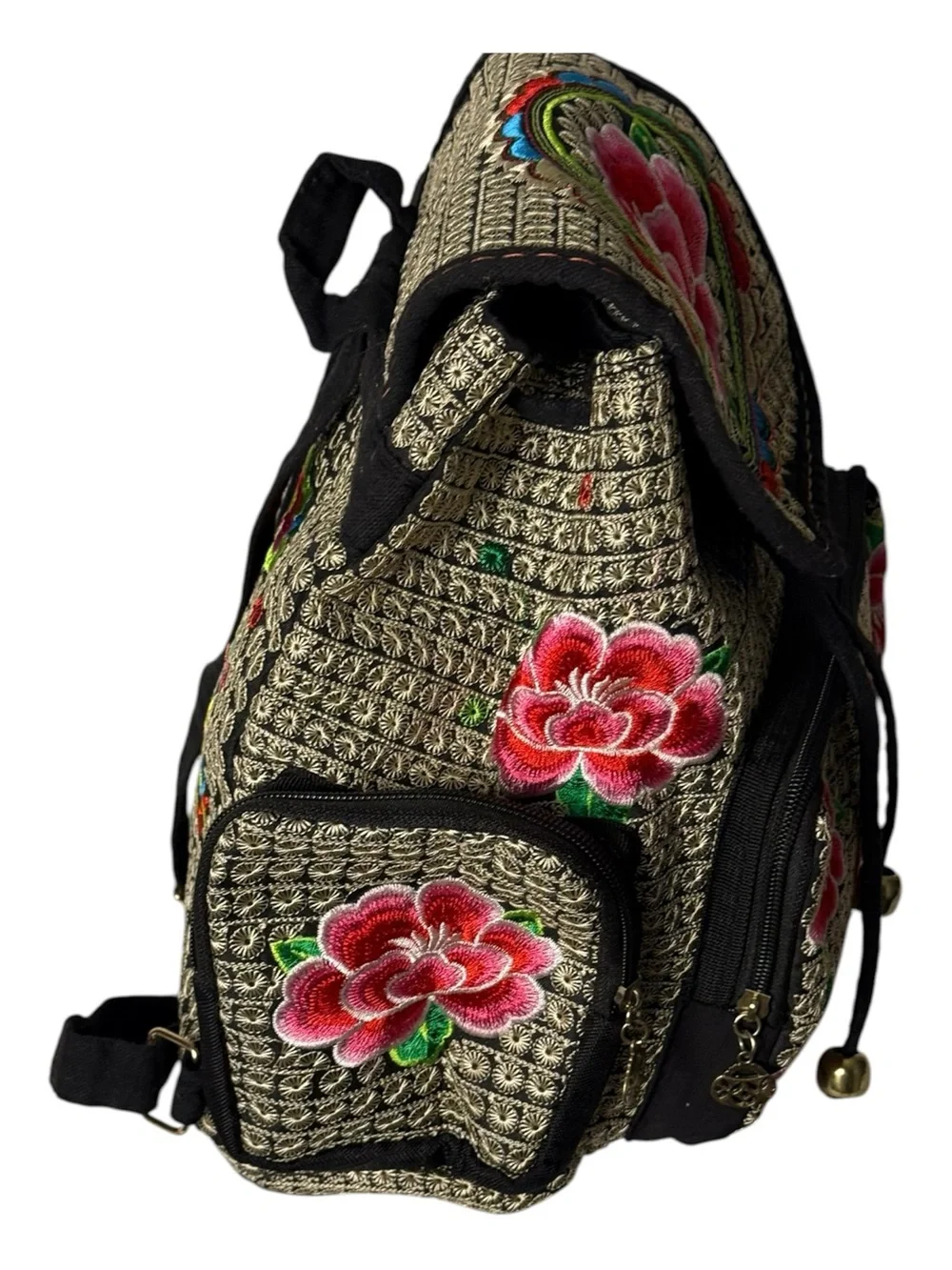 Embroidered Floral Bohemian handcrafted Drawstring Backpack - Pink/Black 12”by10